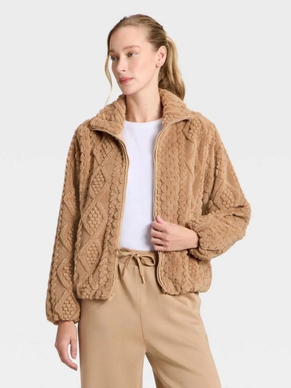 NWT All In Motion Cable Knit High Pile Fleece Jacket (deep sand) size medium